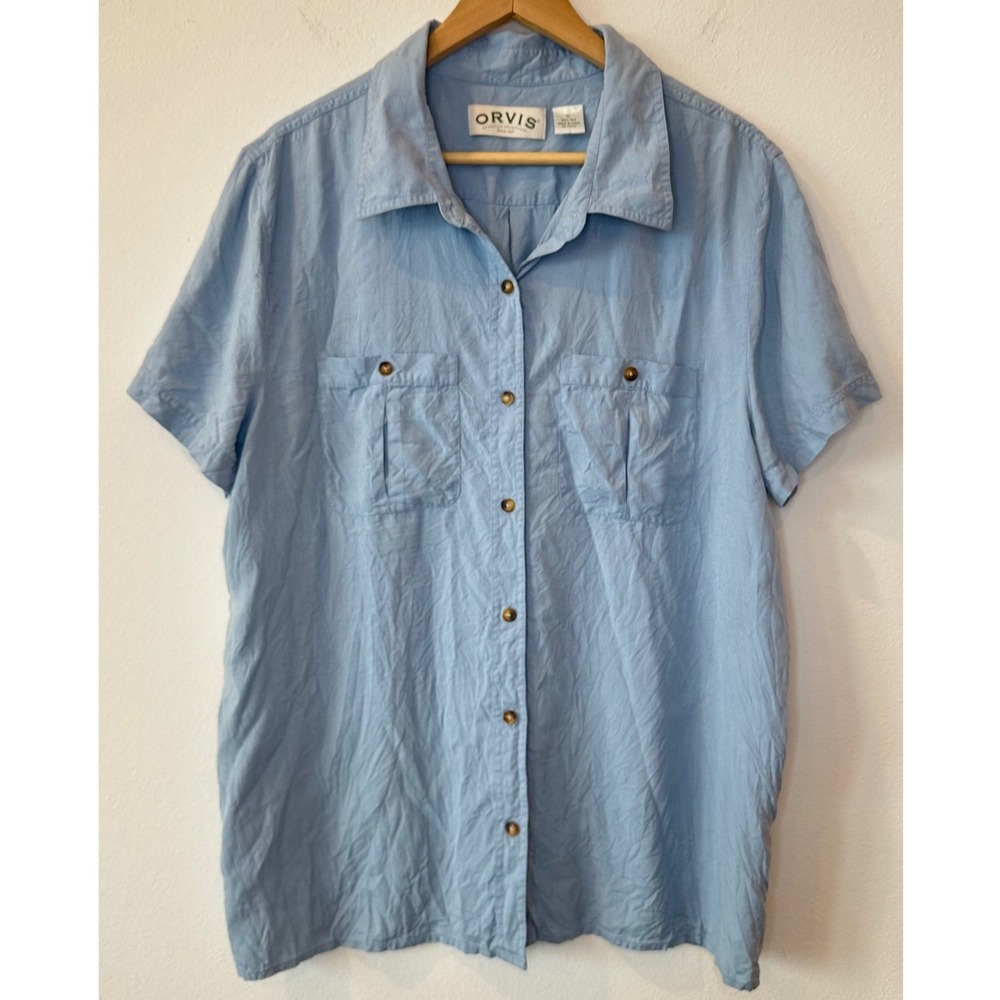 Orvis Mens XL Blue 100% Silk Short Sleeve Button Down Shirt Pockets RN 70534